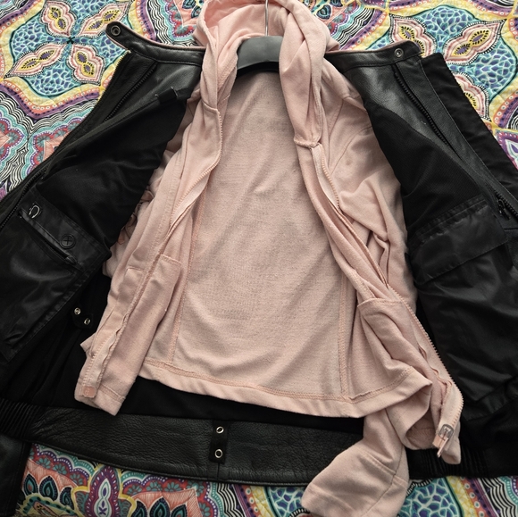 Black and pink leather riding jacket with hooded liner - Picture 2 of 6